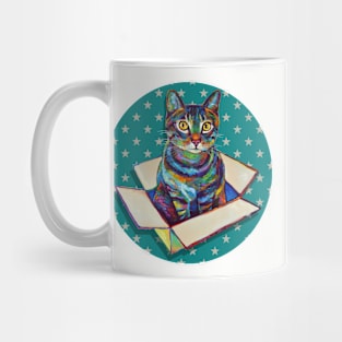 Turquoise Teal Psychedelic Cat in a Box Mug